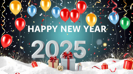 Happy New Year 2025 Template with Balloons, Confetti, Fireworks, Ribbon, Gifts, Snow, & Festive Winter Decorations. 
Creative elegant New Year Greeting Card, Banner, Background 3D Design Holiday style