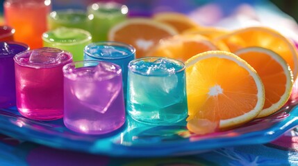 A beautifully arranged platter of assorted jelly shots, garnished with citrus slices and placed on a colorful tablecloth, ready for a celebration.