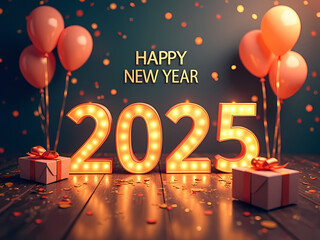 Happy New Year 2025 Template with Balloons, Confetti, Fireworks, Ribbon, Gifts, & Festive Decorations.
Creative elegant New Year Greeting Card, Banner, Background 3D Illustration in Holiday style
