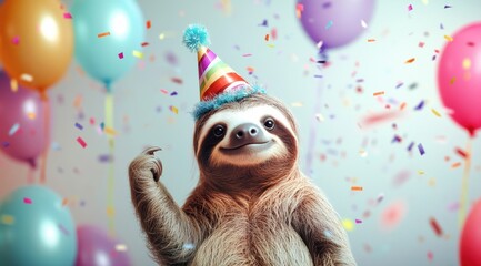 A hyperrealistic, happy sloth with light wool, wearing party hat on its head