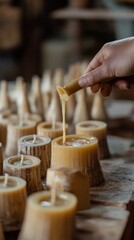 Artisan focuses on pouring warm candle wax into molds in a peaceful workshop moment