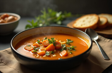 Hot vegetable soup with slices of bread on the kitchen table.