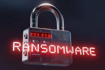 A digital padlock displays the word "Ransomware," symbolizing cybersecurity threats and the importance of data protection.