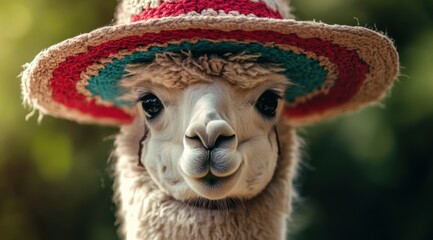 Fototapeta premium A photograph of an alpaca wearing sombrero, funny portrait, colorful 