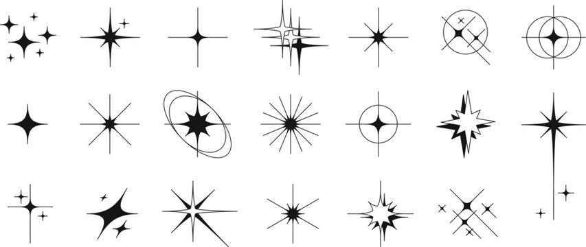 Sparkle stars icon, twinkle star shape silhouette symbols. Minimalist glowing light burst forms, y2k aesthetic cosmic glitter sparkles, magic glint or twinkling effect, boho style elements vector set