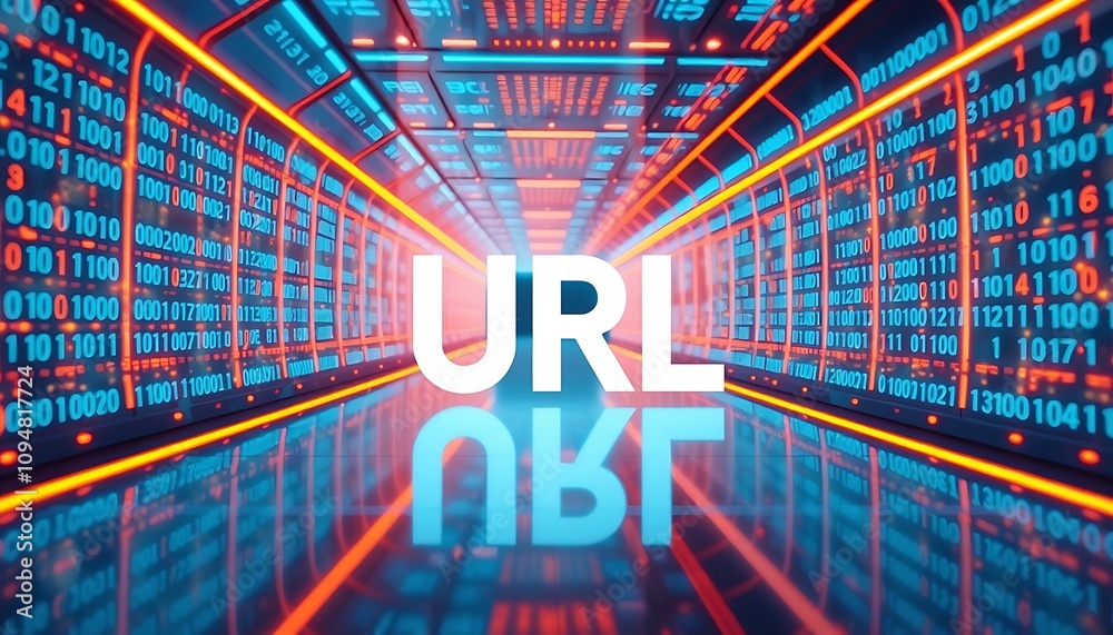 Poster cyber tech theme: url acronym embedded in digital matrix code