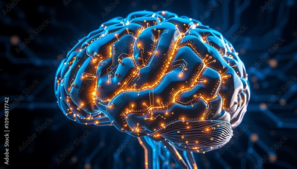 Poster big data and ai fusion: glowing brain with processor symbolizing human-machine synergy