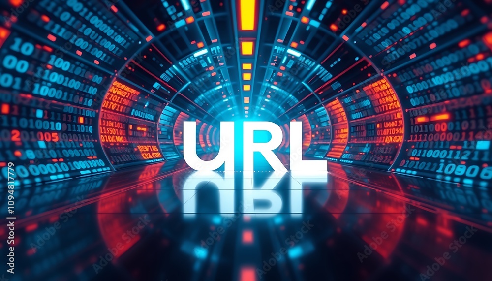 Poster url highlighted in digital matrix: concept of cyber technology and navigation