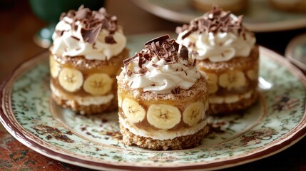 A charming presentation of banoffee cups filled with layers of banana, toffee sauce, and whipped cream, served on a decorative plate with chocolate shavings.