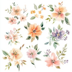 Fototapeta premium Watercolor floral clipart, pastel colors, white background, vector illustration style