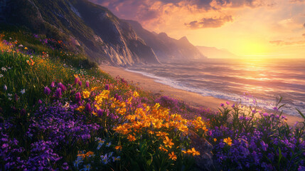 Obraz premium Coastal Sunset Serenity: Vibrant wildflowers bloom along a breathtaking coastal scene, bathed in the warm glow of a picturesque sunset. The tranquil ocean meets dramatic cliffs.