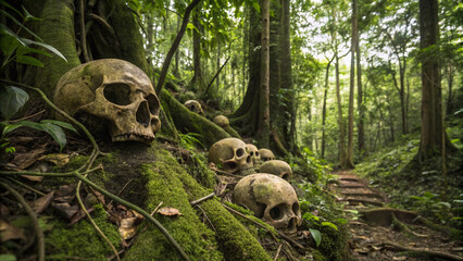 Human skulls in the jungle. Human skulls. A graveyard of skulls is shown in a jungle.