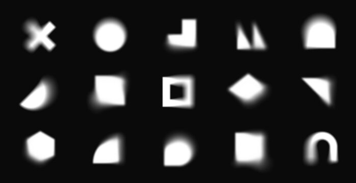 White geometric shapes with blur effect, abstract blurry forms. Various basic shape with soft edges on black background, blurred silhouette  circle and square form, modern design element vector set