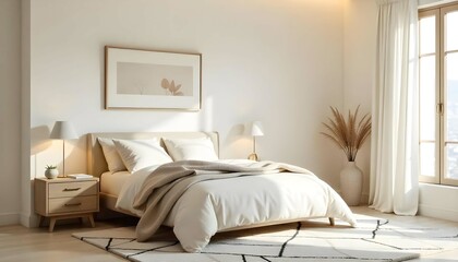 A minimalist and cozy bedroom with a beige and white color scheme. The room features a large bed with a neutral-colored comforter, a geometric patterned rug, and a framed abstract artwork on the wall