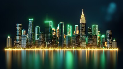 Obraz premium Vibrant Night Cityscape Featuring Skyscrapers with Neon Lights and Reflections on Water Creating a Dynamic Urban Atmosphere