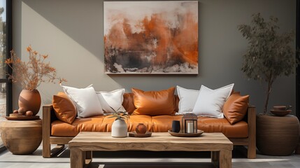 A rustic farmhouse living room with a wooden coffee table and white sofa accented by orange leather pillows, perfect for a cozy and boho vibe.