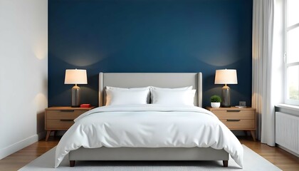 A modern bedroom with a navy blue accent wall, a white bed with white bedding, and two wooden nightstands with lamps