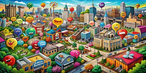 Fototapeta premium Aerial View of a Vibrant Cityscape with Cartoon Speech Bubbles Emphasizing Local Attractions and Events in a Dynamic, Engaging Composition for Creative Use