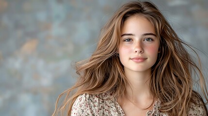 Naklejka premium The portrait features a young woman with long flowing hair, a serene expression, and delicate features, creating a sense of grace and elegance.