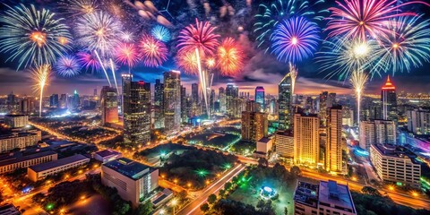Obraz premium Aerial View of a Vibrant New Year Celebration with Fireworks Over a Cityscape at Midnight, Showcasing Illuminated Buildings and Festive Atmosphere