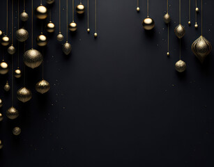 Obraz premium Christmas banner. Christmas tree branches decorated copper color stars and balls on black background. Flat lay, top view. Xmas banner mockup with copy space.