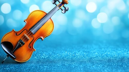 Fototapeta premium Classic Violin on a Sparkling Blue Background with a Bokeh Effect, Perfect for Music Stock Photos