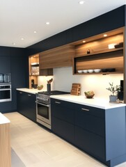 Modern Kitchen Design With Dark Cabinets And Wood Accents