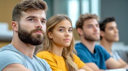 Fototapeta premium During the lecture, a diverse group of young students, including both men and women, sat attentively in the classroom