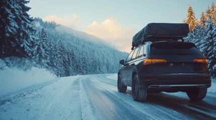 Suv car with rooftop cargo carrier trunk stay on roadside of winter road. Family trip to ski resort. Winter holidays adventure. car on winter road