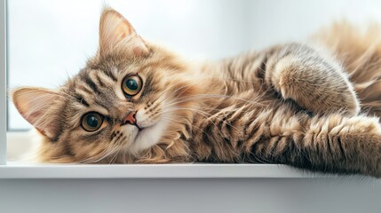 Playful fluffy scottish fold cat lounging by the window in a cozy home environment