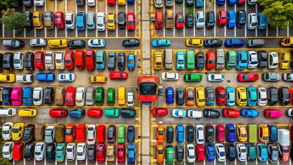 Aerial View of Colorful Cars Parked in a Busy Urban Area Showcasing Modern Automotive Design and Vibrant City Life in High-Resolution Photography