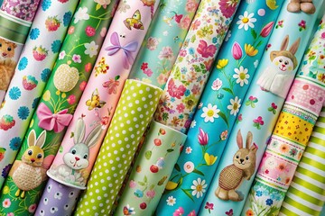 Aerial View of Colorful Easter Wrapping Paper Designs with Vibrant Patterns and Seasonal Themes for Celebrating Easter and Spring Festivities