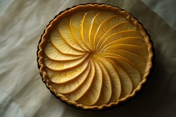 A pear and almond tart with a golden crust, the sliced pears arranged in a beautiful fan pattern with a glaze on top. Food Photography, Menu Style Photo Image