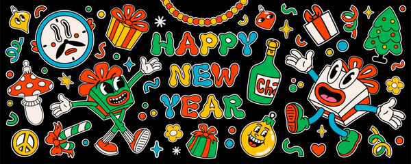 Groovy happy new year stickers with Santa Claus, Christmas tree, gift character, clock, and other design elements in retro vintage cartoon style.
