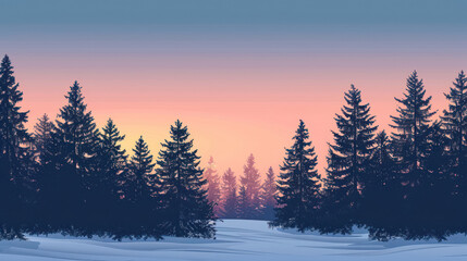 Dark, wintery silhouette of trees against a pastel-colored sunset sky, creating a peaceful evening scene