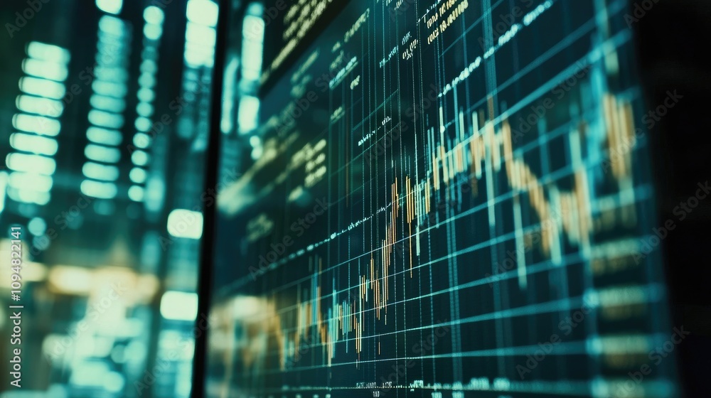 Poster a close-up view of an interactive stock trading chart on a tablet, showing candlestick patterns and 
