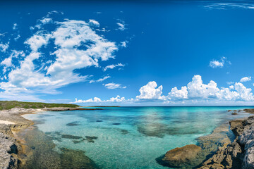 Landscape illustration of beautiful bay with blue transparent sea water and rocks.