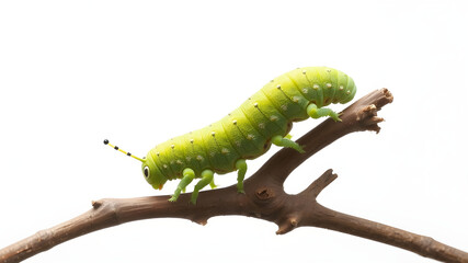 Naklejka premium A bright green caterpillar is crawling on a branch.