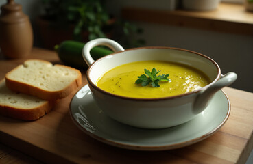 Hot zucchini soup puree in tureen with slices of bread on the kitchen table.