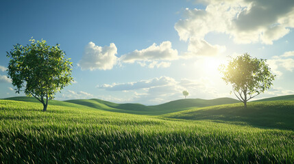 Lush green landscape with trees under bright sky and sunlight