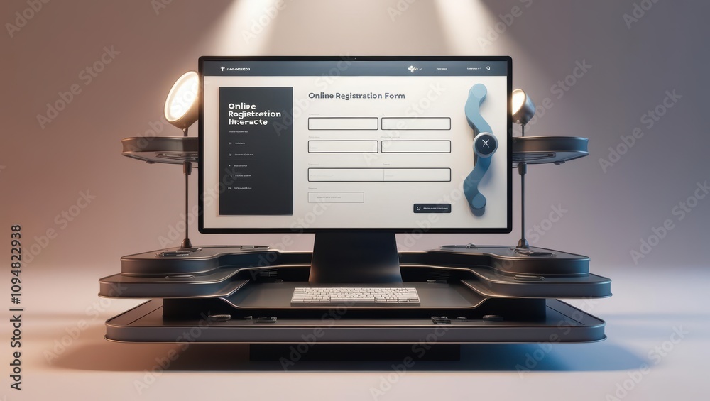 Poster a modern computer setup featuring a sleek monitor with a user interface, surrounded by unique speake