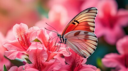Fototapeta premium A delicate butterfly with distinct orange and cream patterned wings gracefully rests upon a cluster of vibrant pink blossoms.
