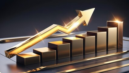 A sleek, golden upward arrow signifies growth and progress, rising above a series of bars, representing financial success and positive trends.