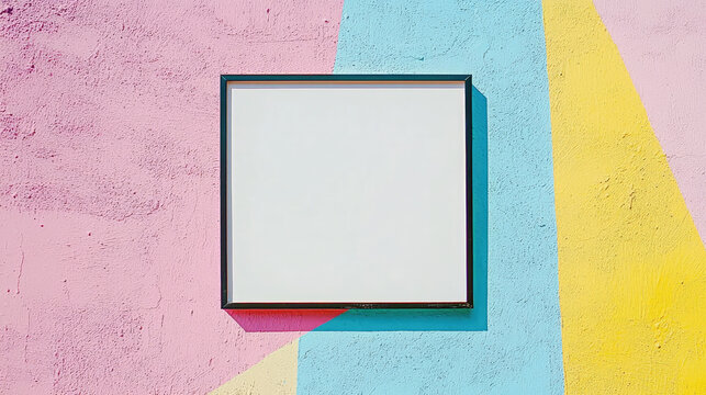 Blank frame on colorful wall, perfect for creative displays