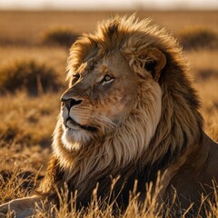 A golden lion basking in the sunlight of the African savannah.  