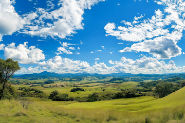 Obraz premium Valley with green meadows and hills on the horizon.
