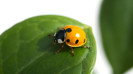 Naklejka premium Yellow and black ladybug perched on dark green leaf, plain white background.