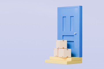 3D To Your Door Delivery icon. Minimal Courier delivery package in front blue door. Online Shopping Concept. Fast Delivery, logistic Concept. 3d Deliveries of online orders outside the door. 3d render