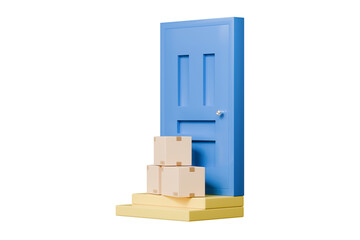 3D To Your Door Delivery icon. Minimal Courier delivery package in front blue door. Online Shopping Concept. Fast Delivery, logistic Concept. 3d Deliveries of online orders outside the door. 3d render