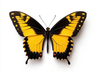 Beautiful butterfly with yellow and black wings on white isolated background.